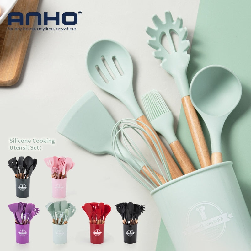 12-Piece Silicone Cooking Utensil Set with Wooden Handles & Holder
