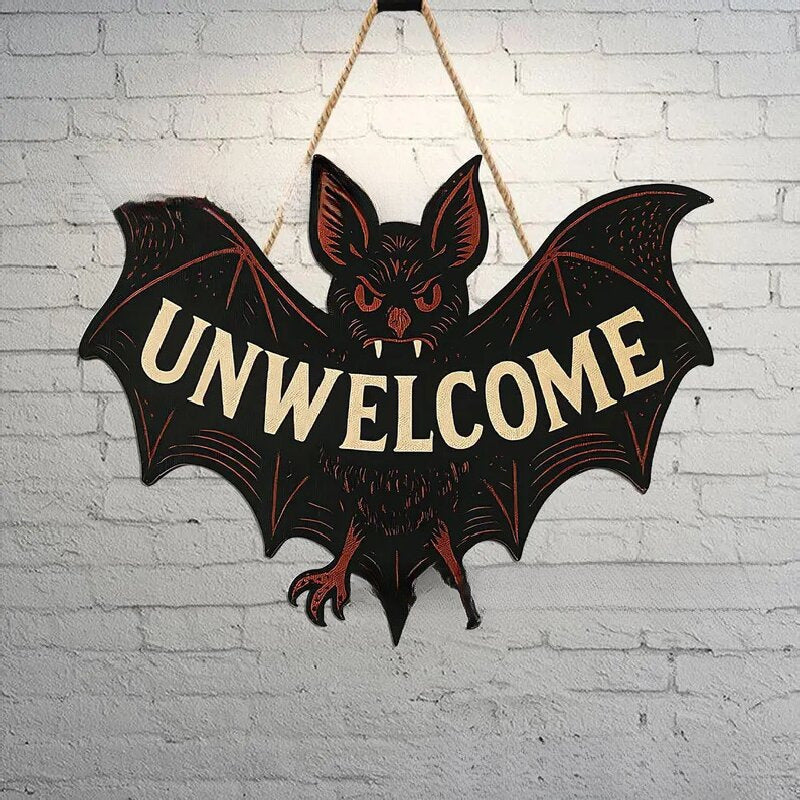 Halloween 'Unwelcome' Bat Wooden Hanging Sign – Spooky Door Decoration