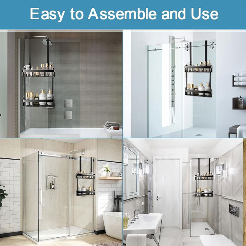 Over-door shower caddy fitted to four different glass shower enclosures