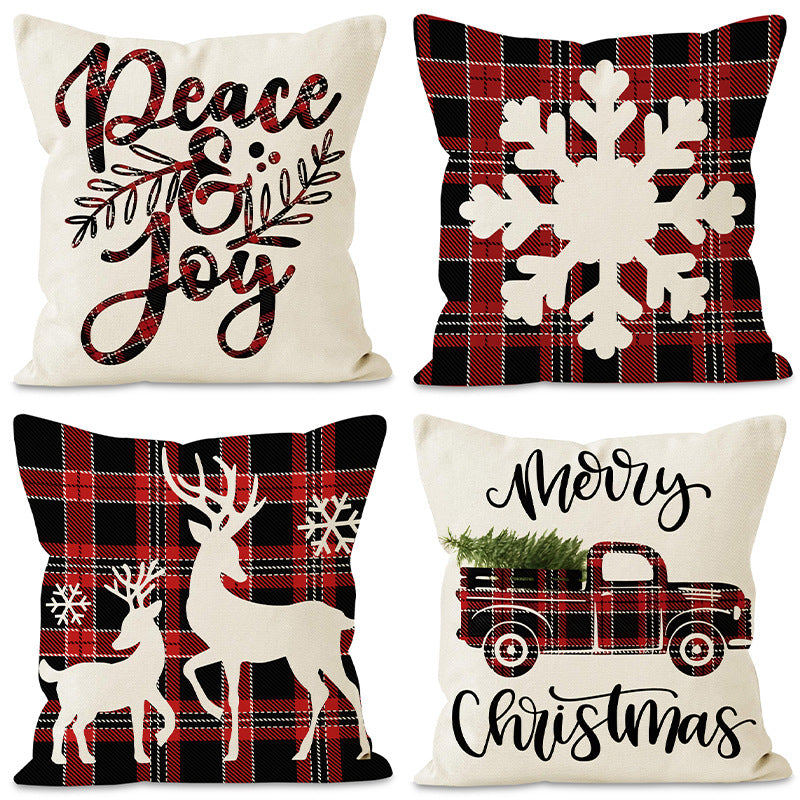 Red Plaid Christmas Cushion Cover – Reindeer, Snowflake & Truck (45 x 45 cm)