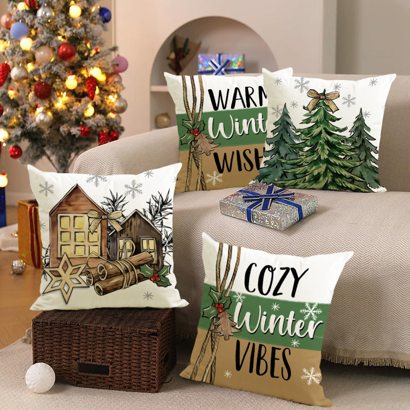 Winter Woodland Cushion Cover – Pine Trees, Cabin & Lettering (45 x 45 cm)