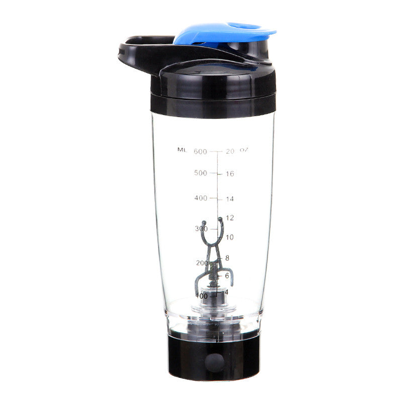 Electric protein shaker bottle in black with blue lid