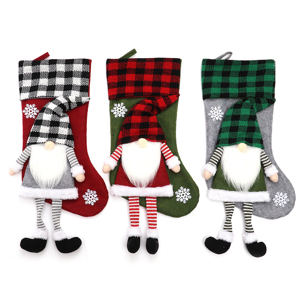 Gnome Christmas Stocking – Plaid Hat Hanging Gift Bag (55 cm)