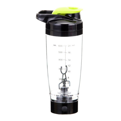 Electric protein shaker bottle in black and lime