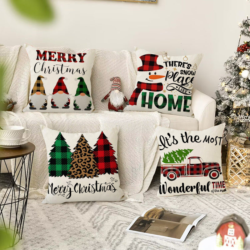 Buffalo Plaid Christmas Cushion Cover – Trees, Truck, Snowman & Gnomes (45 x 45 cm)