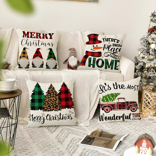 Buffalo Plaid Christmas Cushion Cover – Trees, Truck, Snowman & Gnomes (45 x 45 cm)