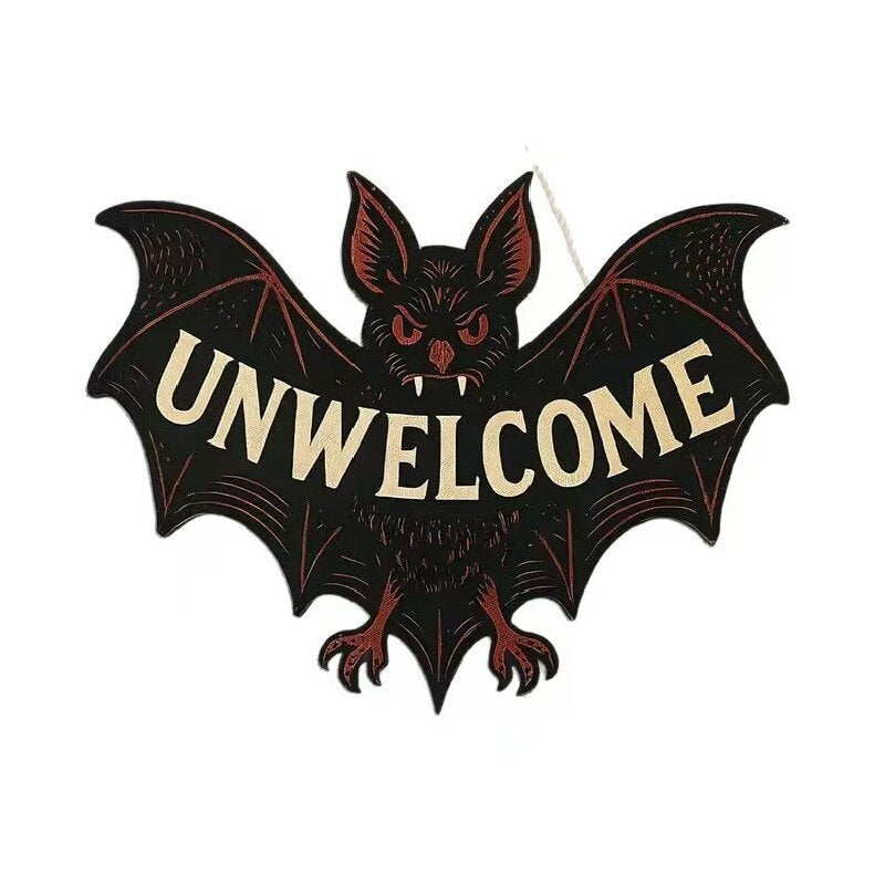Halloween 'Unwelcome' Bat Wooden Hanging Sign – Spooky Door Decoration
