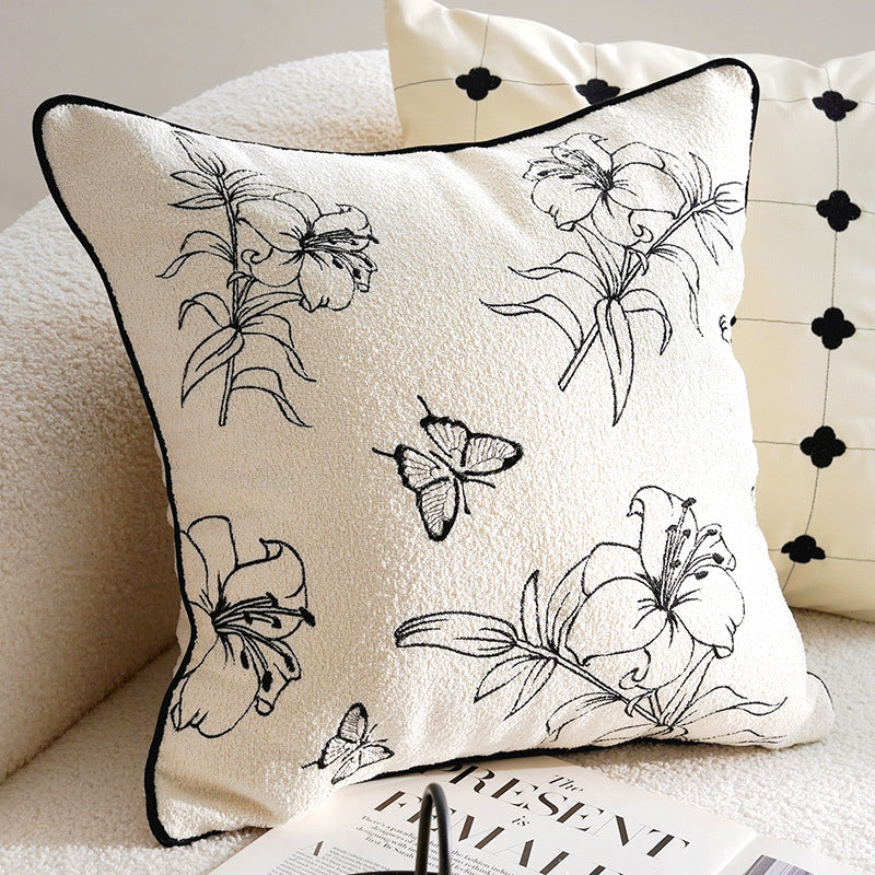 Modern Chenille Cushion Cover – Cream Lily & Butterfly – 45 x 45cm