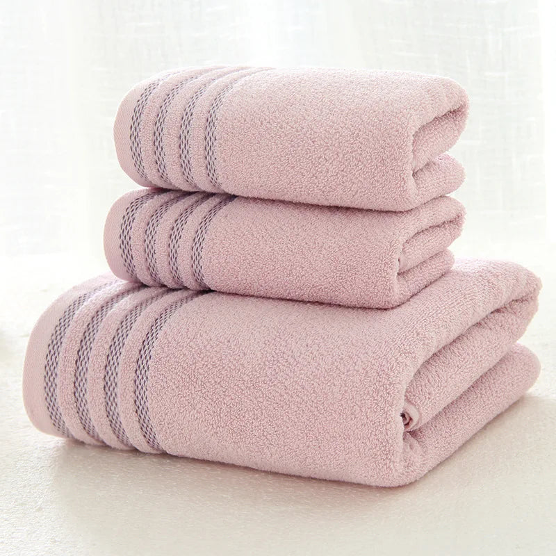 Striped cotton towel 3-piece set in blush pink