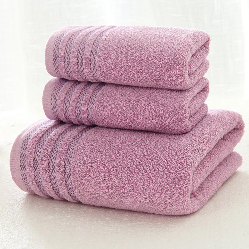 Striped cotton towel 3-piece set in lilac