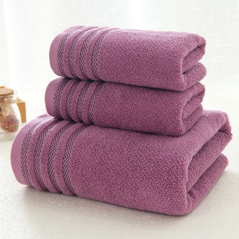 Striped cotton towel 3-piece set in mauve