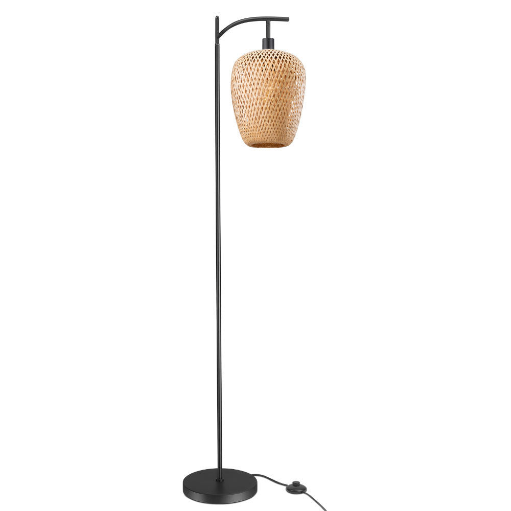 Black arc floor lamp with a hanging woven rattan-look shade