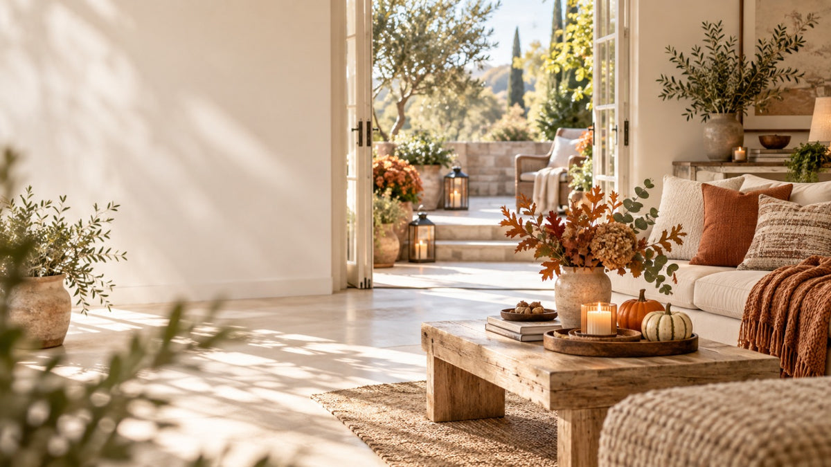 Cosy autumn living room with pumpkins and warm cushions