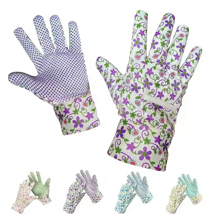 Floral gardening gloves with dotted grip palms