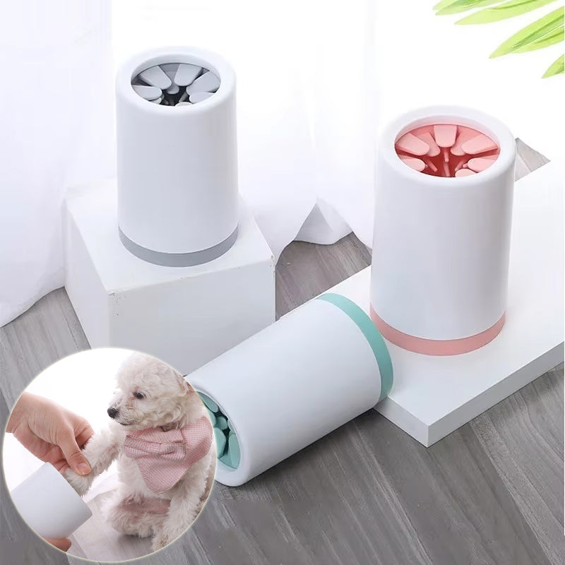 Dog paw cleaner cups in grey, pink and green