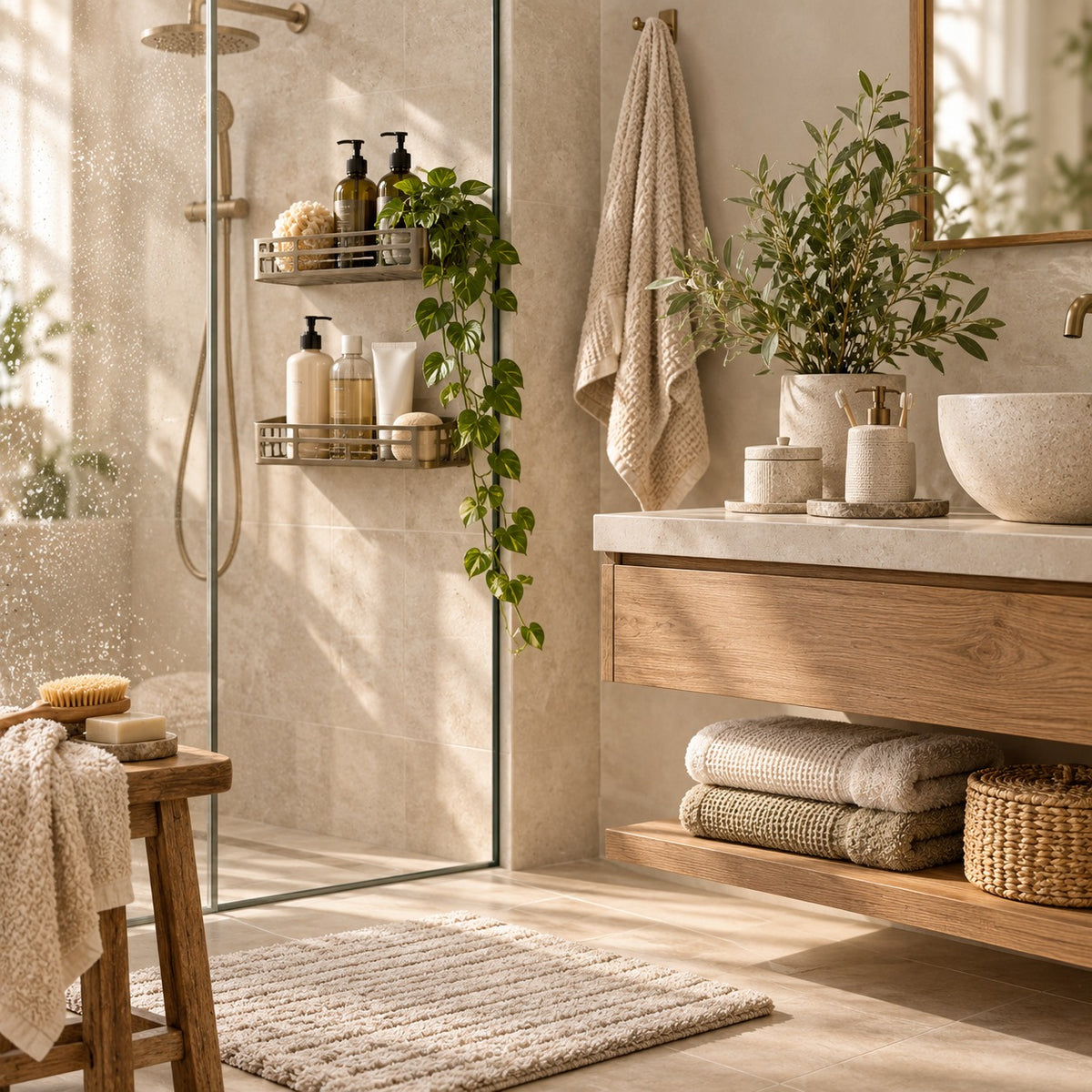 Bathroom vanity and shower storage shelf