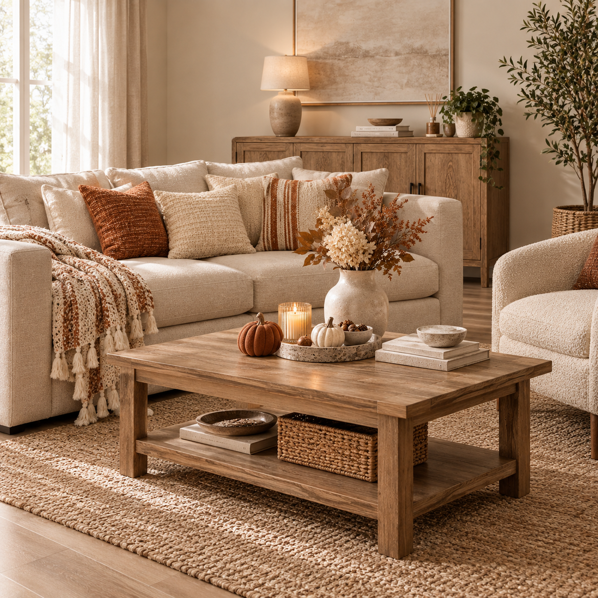 Living room with wooden coffee table and sideboard – Furniture