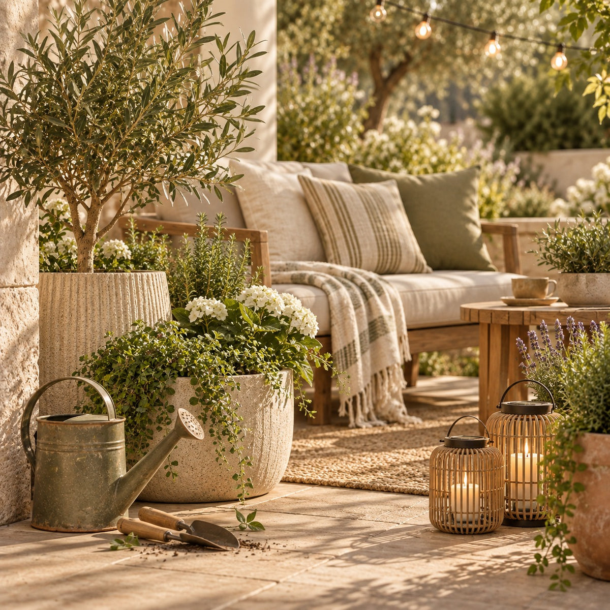 Outdoor patio seating with string lights and planters
