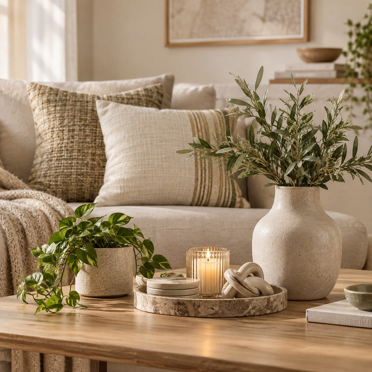 Neutral living room cushions and vase styling