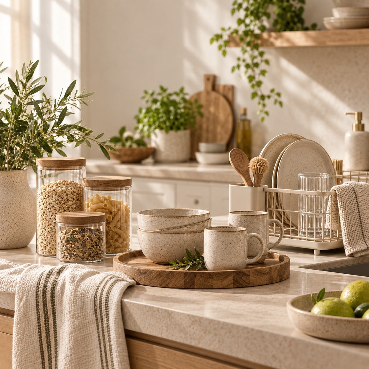 Styled kitchen counter with bowls, jars and mugs