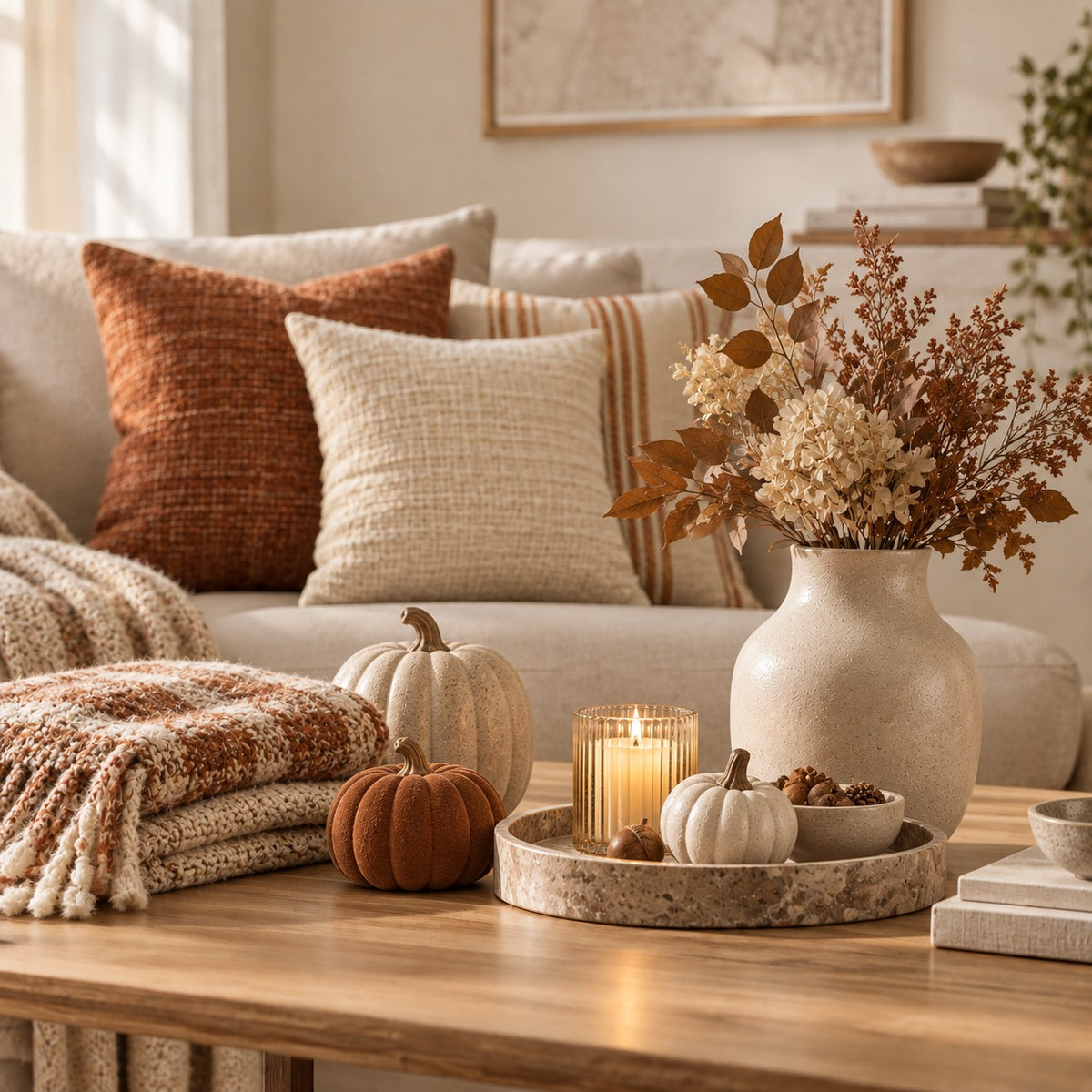 Autumn coffee table styling with pumpkins and cushions