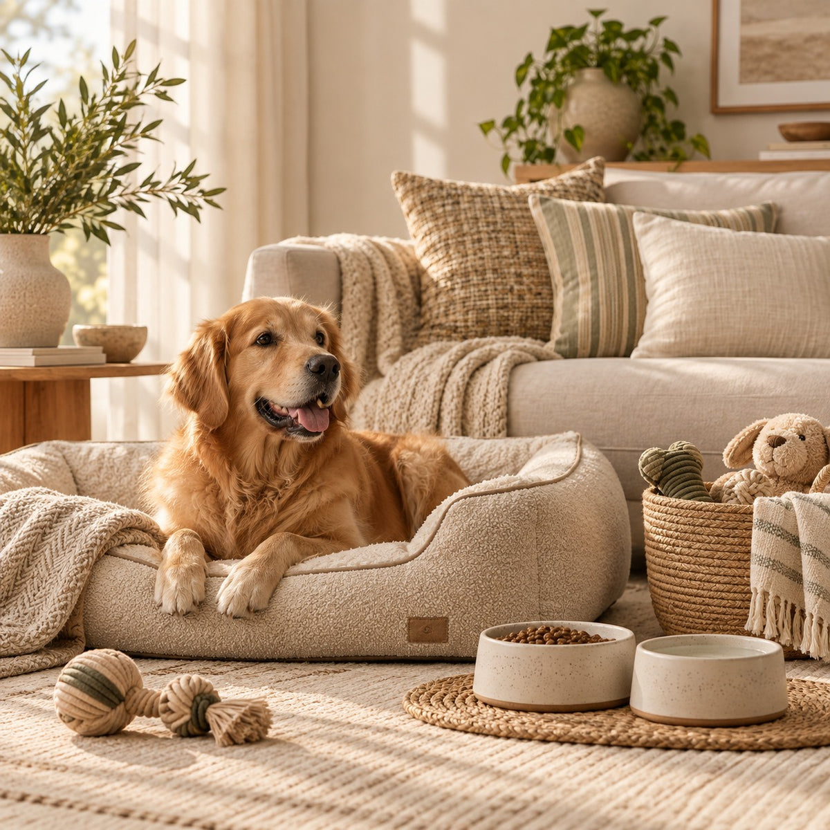 Golden retriever relaxing in a dog bed