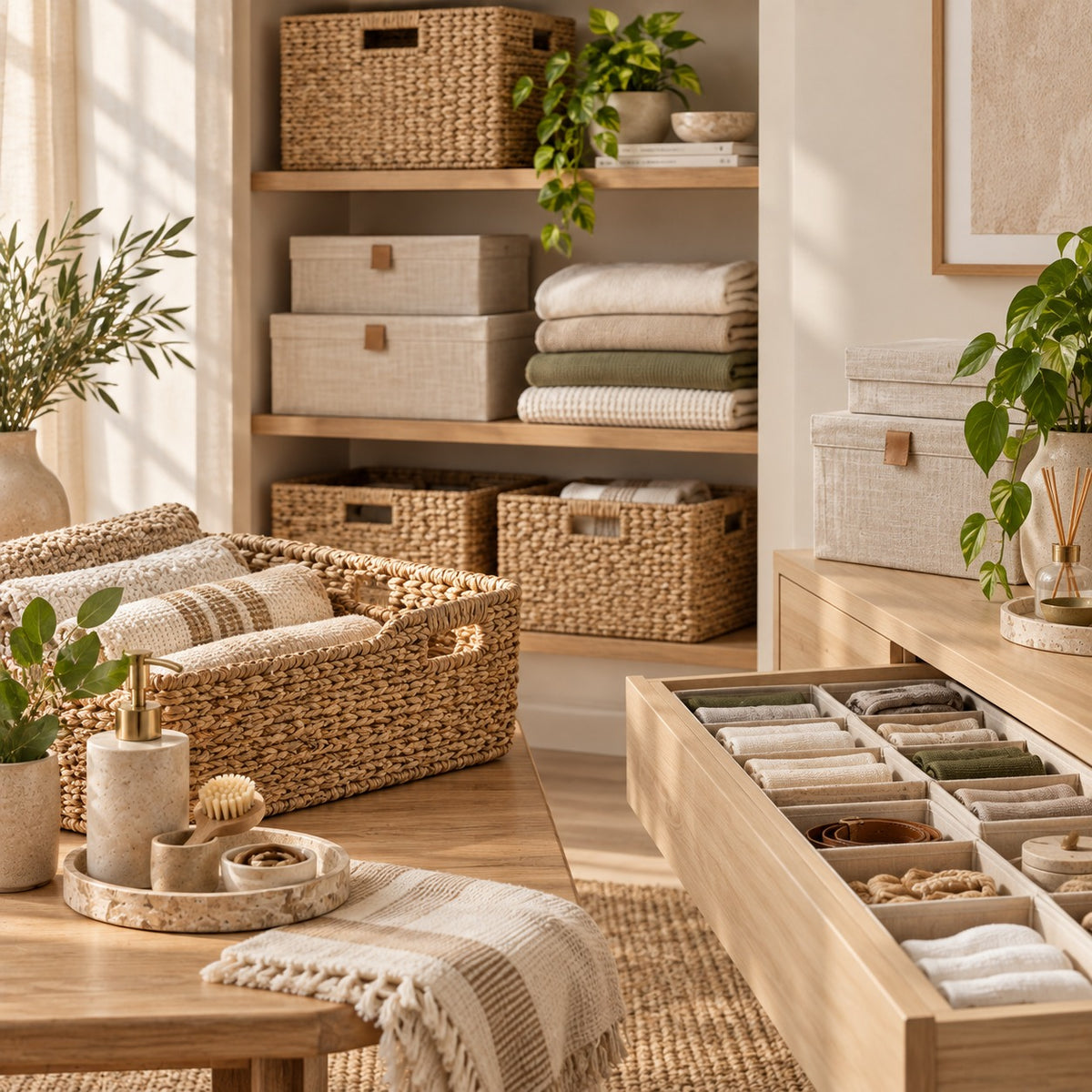 Woven storage baskets and organised drawer