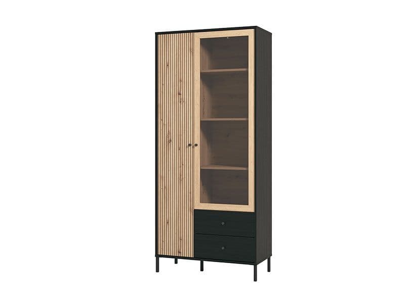 Clifton Slatted Oak & Black Tall Display Cabinet
