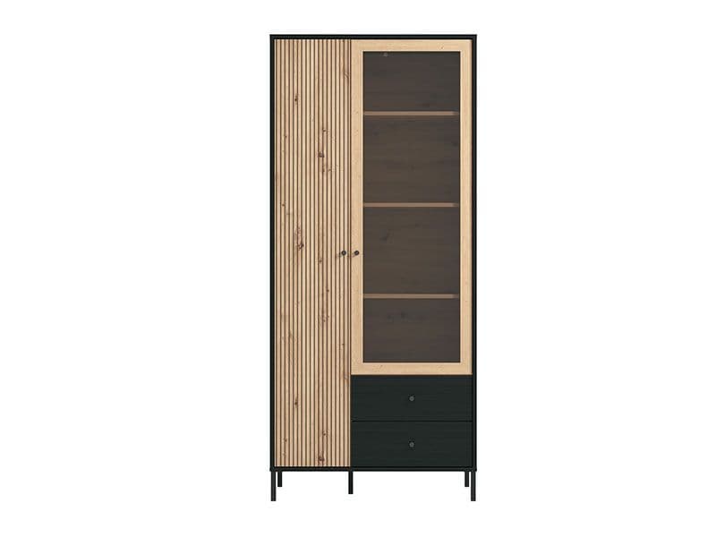 Clifton Slatted Oak & Black Tall Display Cabinet