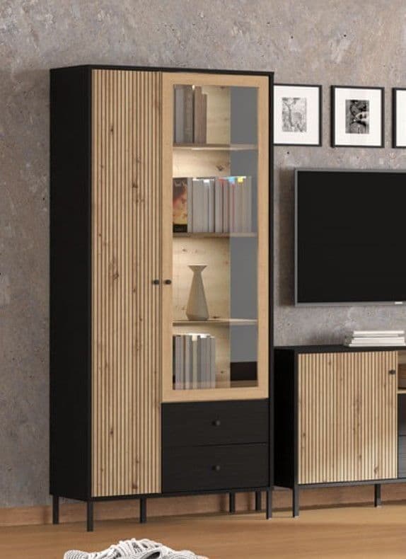 Clifton Slatted Oak & Black Tall Display Cabinet