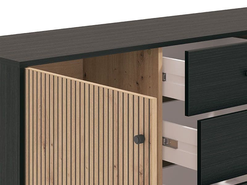 Clifton Slatted Oak & Black Sideboard – 2 Doors & 4 Drawers