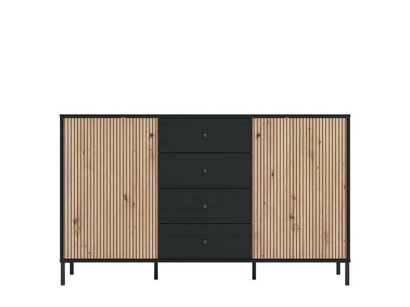 Clifton Slatted Oak & Black Sideboard – 2 Doors & 4 Drawers
