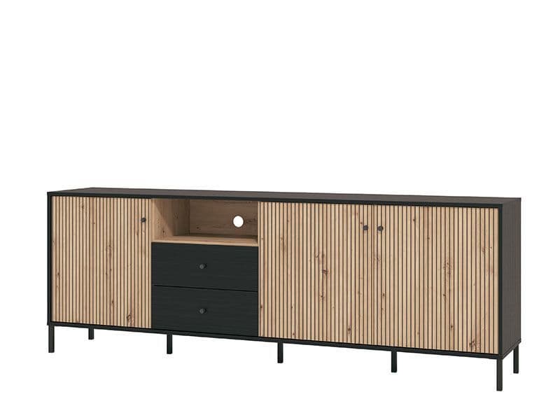 Clifton Slatted Oak & Black Extra-Wide TV Unit – 208cm