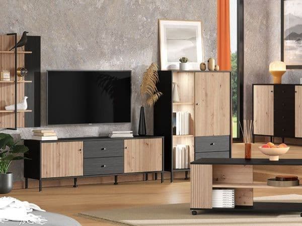 Clifton Slatted Oak & Black Low Display Unit