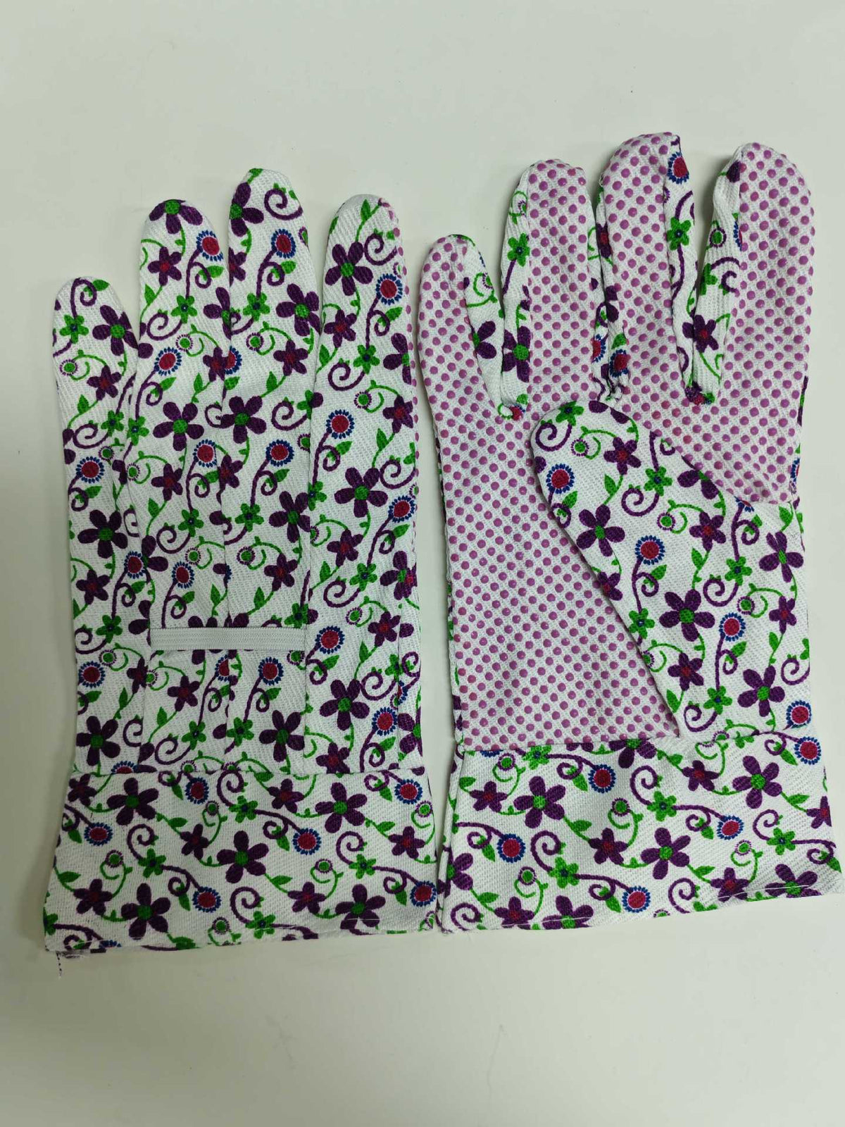 Floral gardening gloves with dotted grip palms