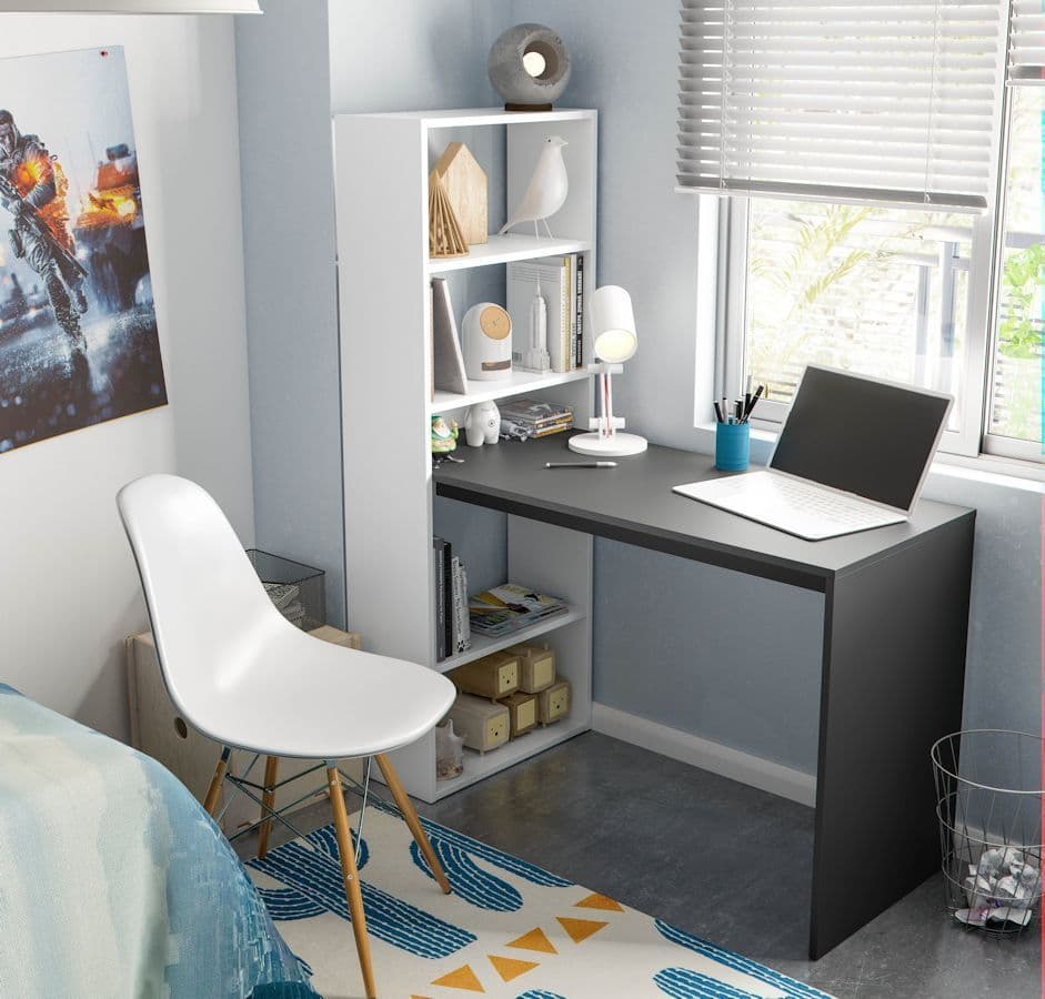 White & Grey Computer Desk with Bookcase