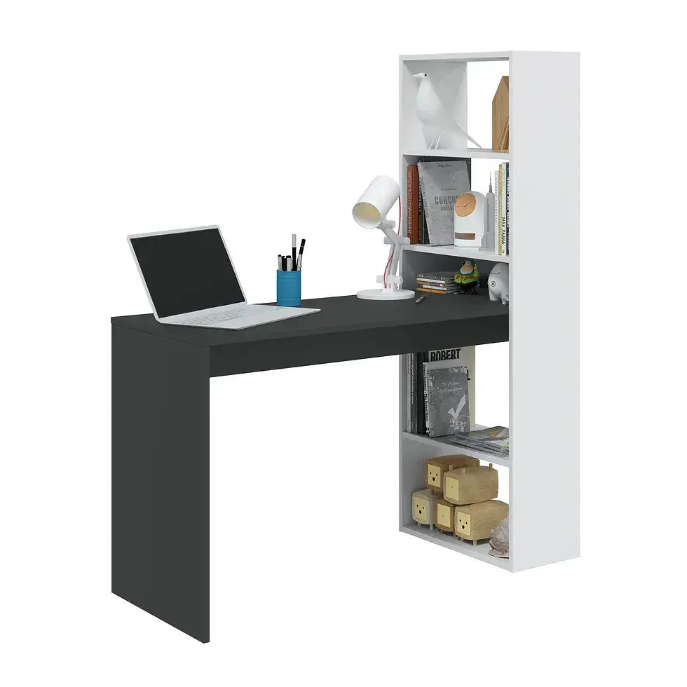 White & Grey Computer Desk with Bookcase