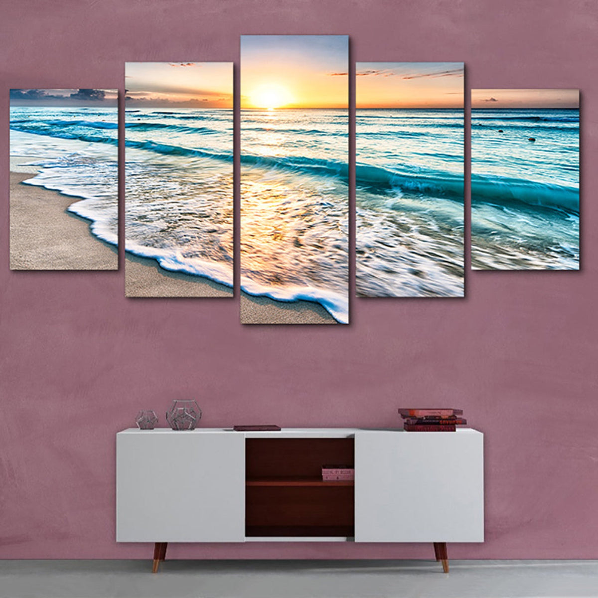 Sunset Beach Waves 5-Panel Canvas Wall Art