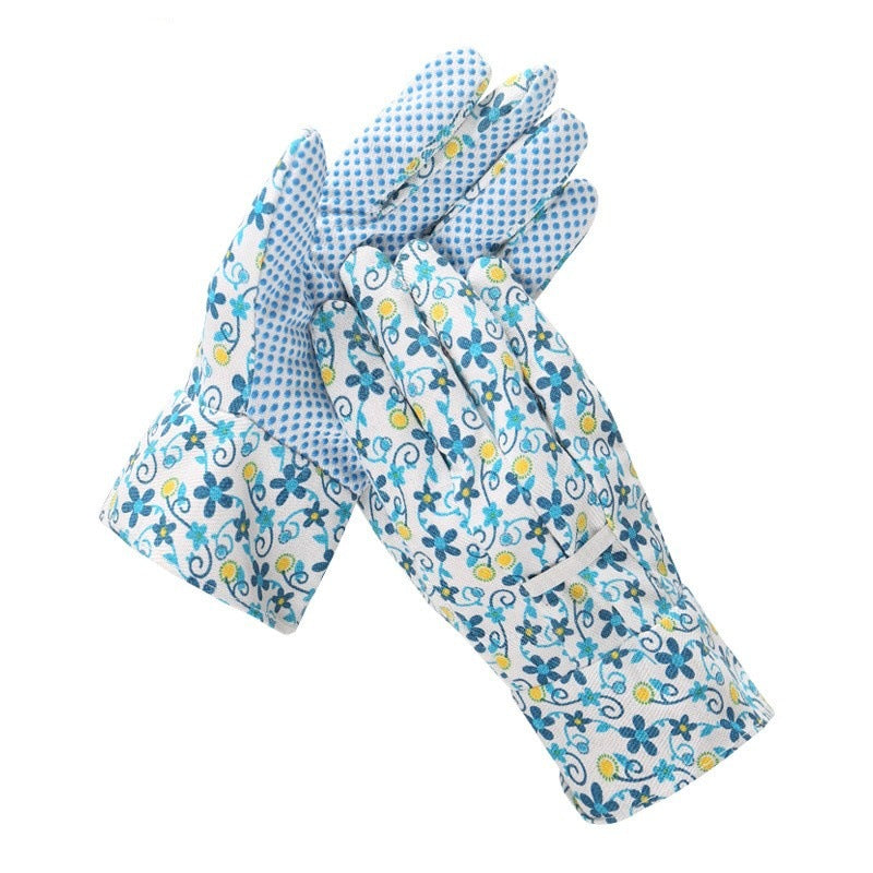 Floral gardening gloves with dotted grip palms