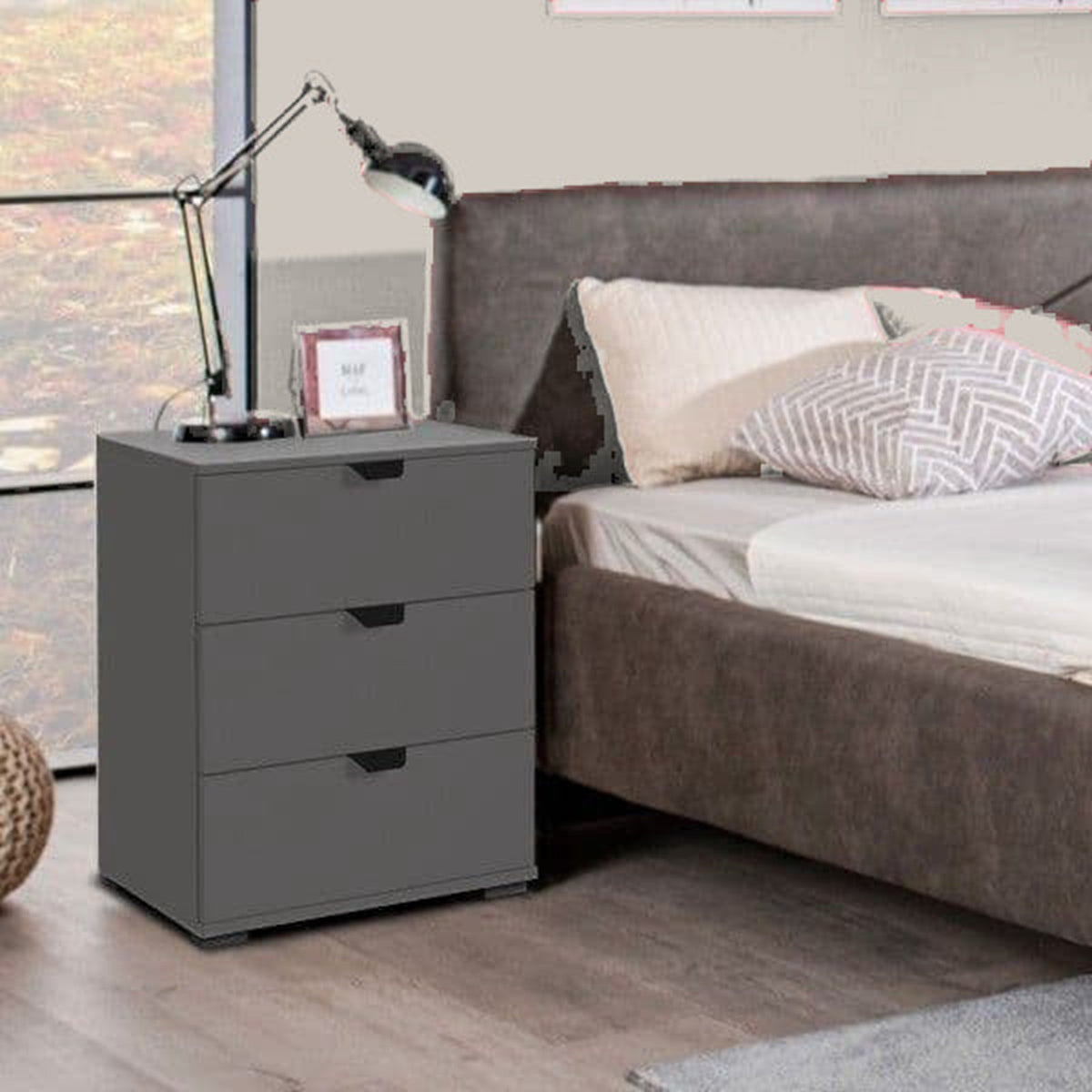 Valentina Graphite Grey Bedside Table – 3 Drawers