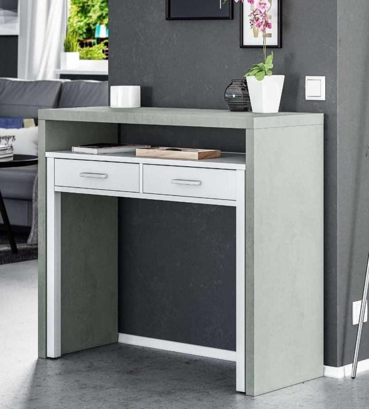 Turin Arctic White & Concrete Grey Extending Desk – Dressing or Console Table