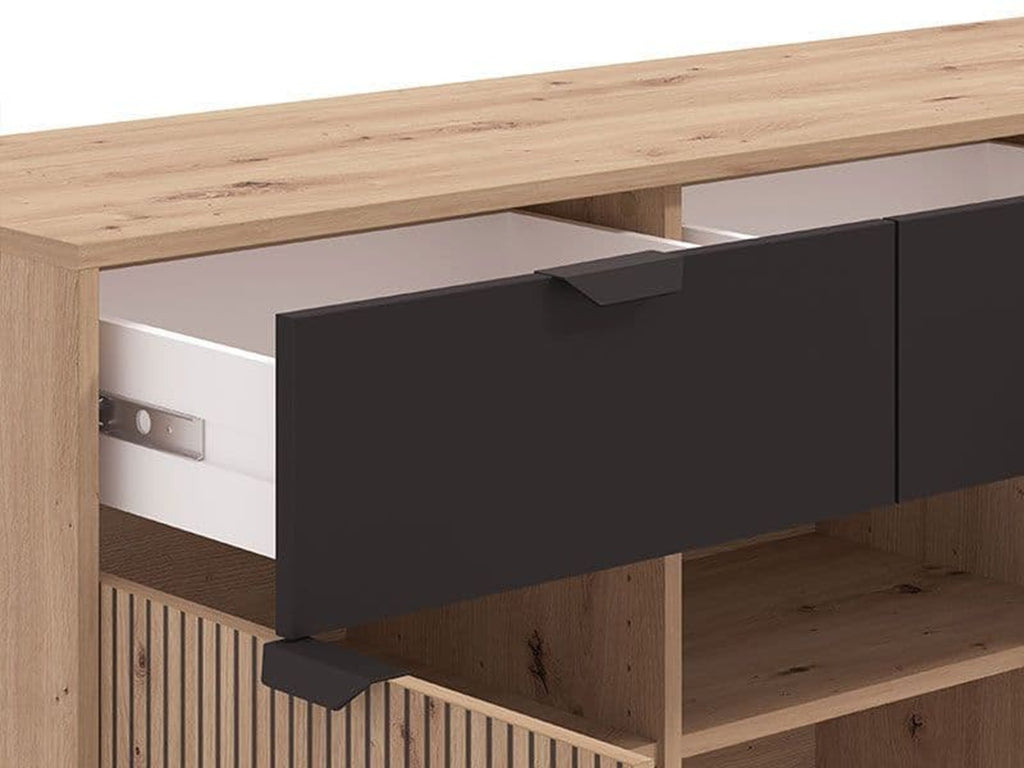 Martinique Slatted Oak & Black Sideboard – 3 Doors & 3 Drawers
