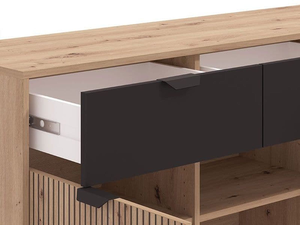 Martinique Slatted Oak & Black Sideboard – 3 Doors & 3 Drawers