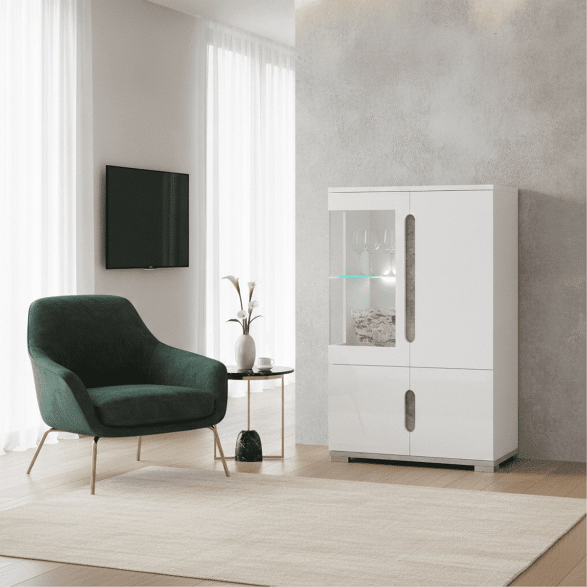 Elise White Gloss & Grey Low Display Cabinet with LED Lights