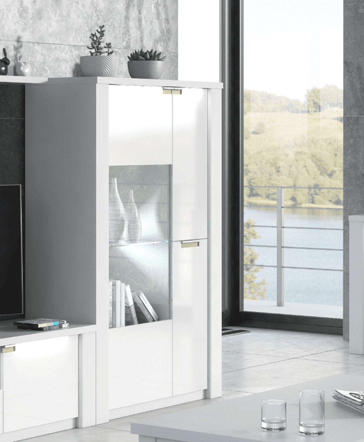 Ice White Gloss Wide Display Unit with LED Lights