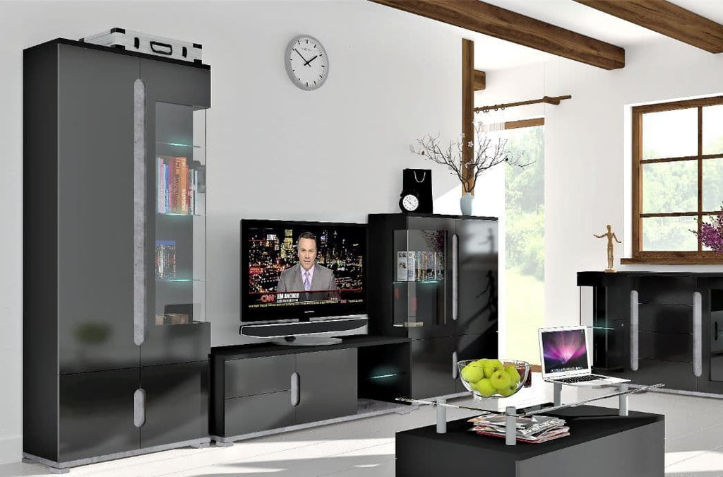 Elise Black Gloss & Grey Tall Display Cabinet with LED Lights