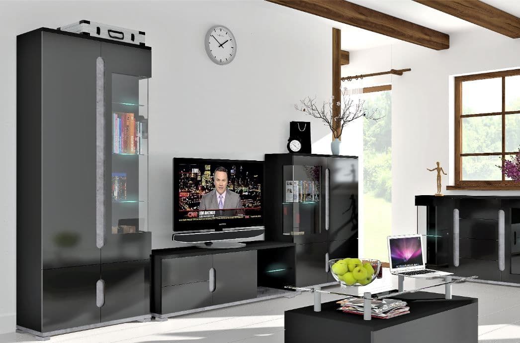 Elise Black Gloss & Grey Tall Display Cabinet with LED Lights