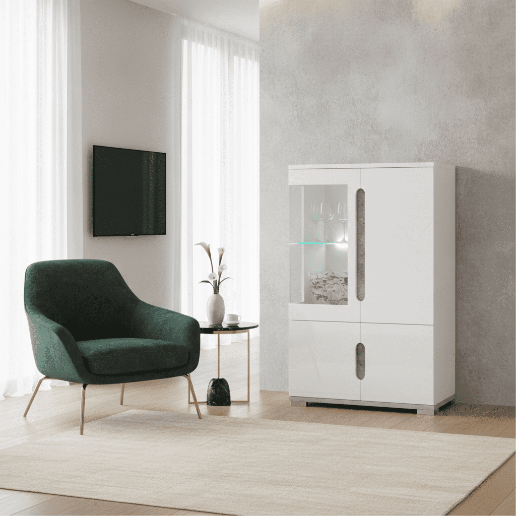 Elise White Gloss & Grey Low Display Cabinet with LED Lights