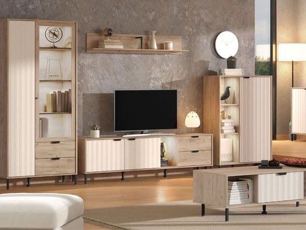 Evandria Grey Oak & Cashmere Slatted Short Sideboard