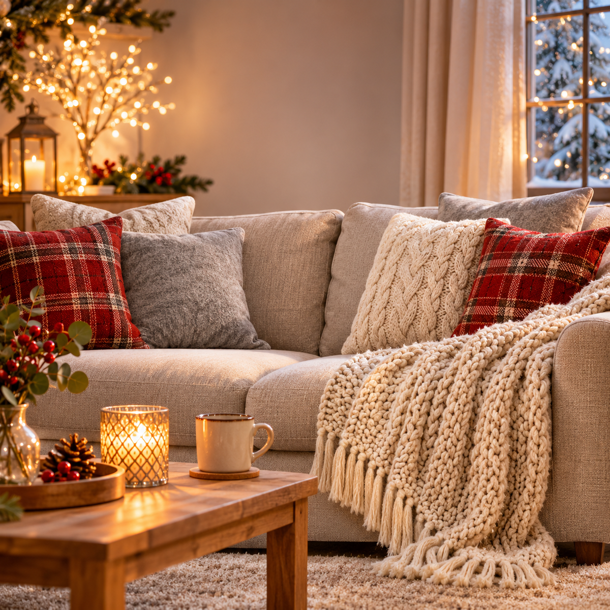Cosy winter sofa with plaid, grey and cream cushions and a chunky knitted throw